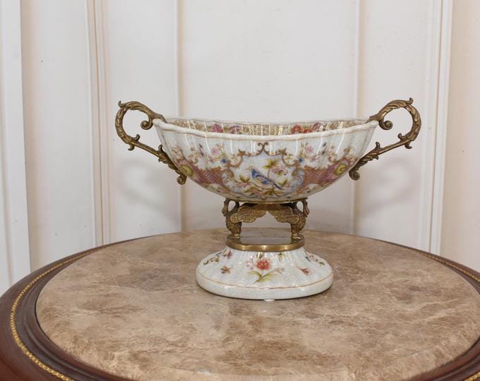 Antique Porcelain Bowl with Bronze Swan Handles: Rose Plateau Decor