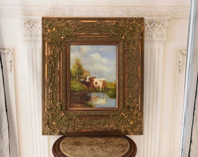 French Vintage Oil Painting – Cows in Pasture, Golden Frame