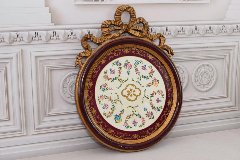 Vintage Painting on Porcelain Gold Frame Flowers Painting Wall Decor