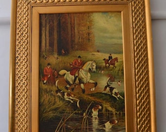 Large Vintage Oil Painting – Par Force Hunt Scene, Ornate Gold Frame, 1950s Wall Art