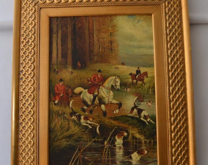 Large Vintage Oil Painting – Par Force Hunt Scene, Ornate Gold Frame, 1950s Wall Art