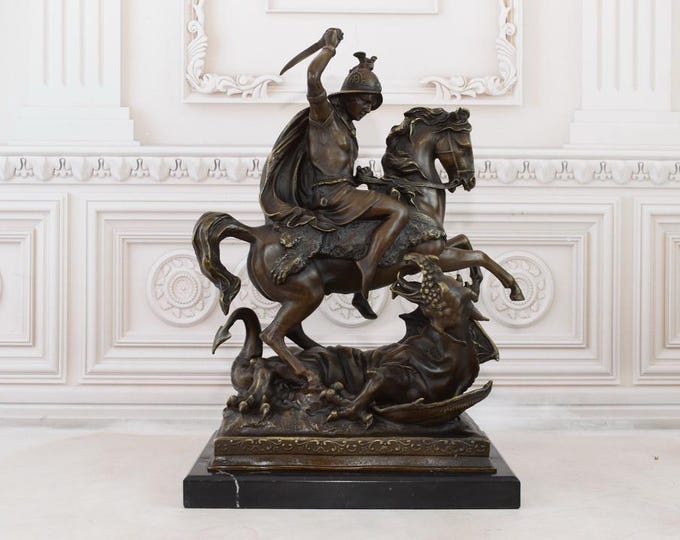 Saint George Fighting the Dragon Bronze Statue - Mythology St. George on Marble Base - Heavy and Solid Sculpture - Home Decor - Foundry Mark