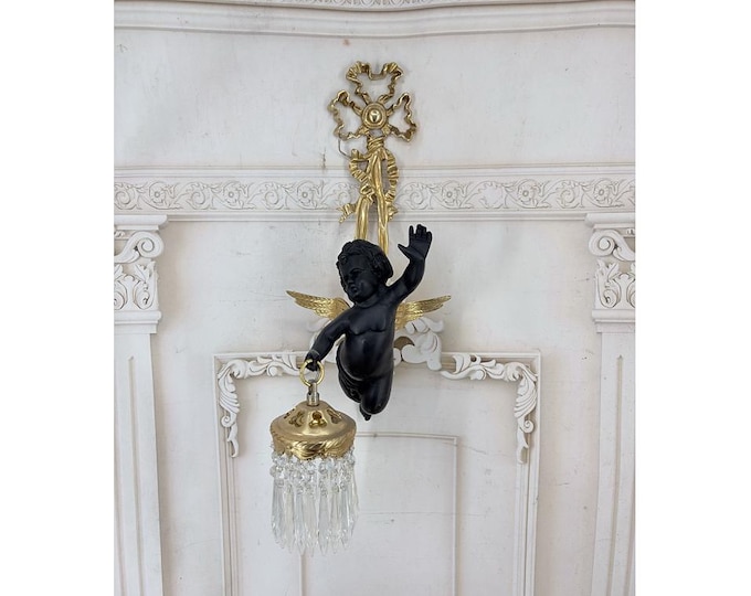 Bronze Art Nouveau Angel Wall Sconce – Cherub Candleholder, Crystal Accents