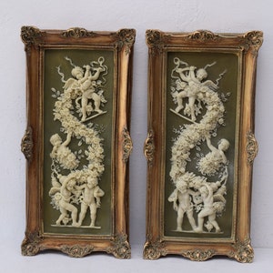 SET Dipinti in alabastro con cornice dorata Arte della parete Decorazione della parete Pittura Angeli Pittura Art Déco Pittura mitologica Decorazione per la casa immagine 1