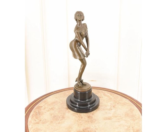 Art Deco Bronze Statue: 'Bedtime Girl' on Marble Base