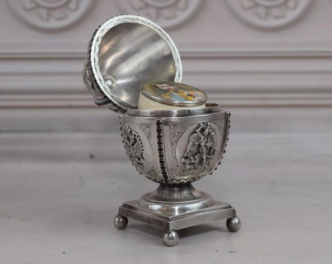Silver Egg Tsarist Russia - Rubies + Enamel Nicholas II Silver 84 622g - Tsar Egg Sterling Silver - Collector Item - Unique Egg Gift Idea