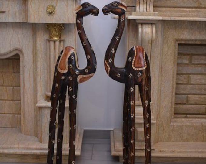 Vintage Wooden Camels – Pair of Handcrafted Intarsia Wood Sculptures – Large Decorative Figurines