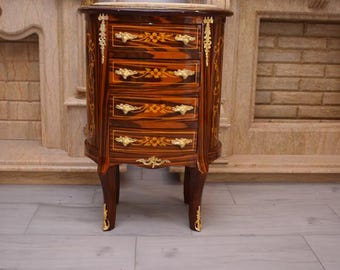 Vintage French Commode – Oval Beech Wood Marble Top, 1950s