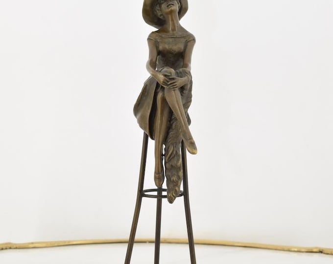Bronze Figurine – Woman in Hat on Bar Chair – Elegant Sculpture, Art Nouveau Statue, Home Decor, Luxury Gift Idea, Collectible Art