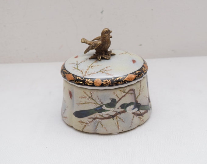 Porcelain casket - flower design - bird bronze ornaments - vintage porcelain -