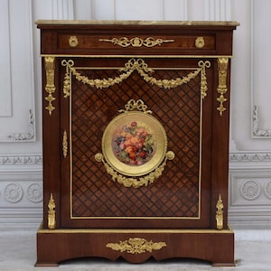 Louis XVI Style Marquetry Commode – Porcelain Medallion, Marble Top, Bronze Ormolu, French Antique Chest of Drawers - Gift for Birthday