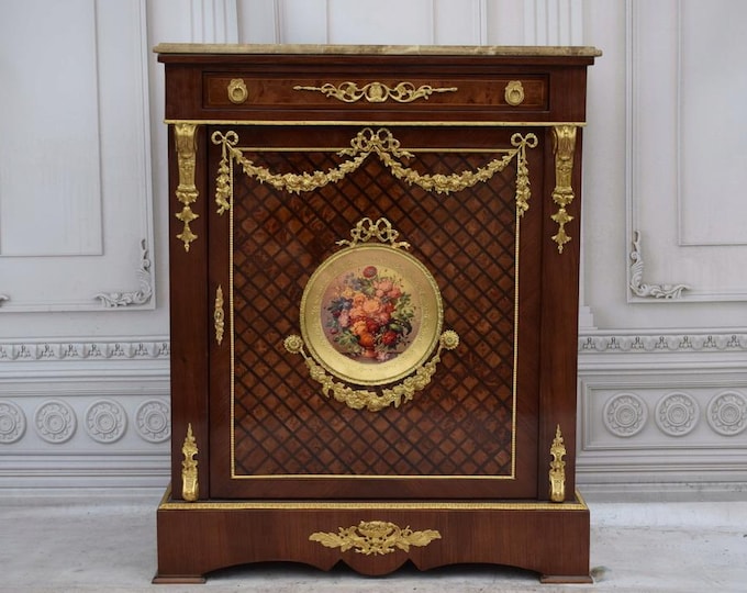 Louis XVI Style Marquetry Commode – Porcelain Medallion, Marble Top, Bronze Ormolu, French Antique Chest of Drawers - Gift for Birthday