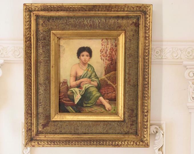 Woman in Green Dress – Oriental Egyptian Lady – Old Oil Painting on Wood – Vintage French Art – Exotic Wall Decor – Unique Gift