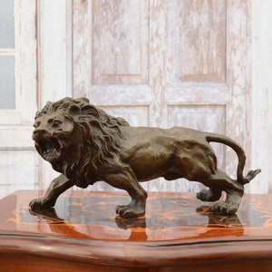 Angry Lion Bronze Sculpture - Lion Bronze Statue - Art Work Large Animal - Foundry Mark - Vintage Home and Garden Decor