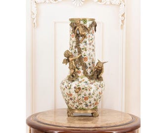 Vintage Large Porcelain Flower Vase with 2 Cherubs – Bronze Ornaments – Floral Design – Elegant Home Decor – Premium Wedding Gift