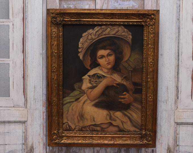 Antique Painting Girl with Cat - Painting on Canvas with Old Gold Frame - Boznanska Art Deco Painting Polish Artist - Wall Decor Home Decor