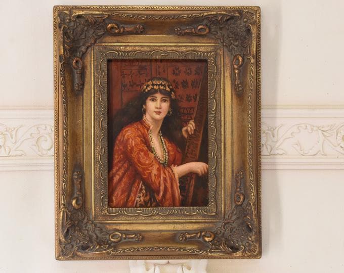 Woman in Red Dress – Oriental Egyptian Lady – Old Oil Painting on Wood – Vintage French Art – Exotic Wall Decor – Unique Gift