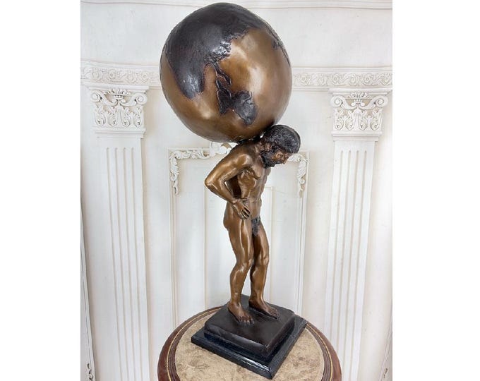 Large Bronze Atlas Statue Holding the Globe – Mythological Figure – Solid Heavy Decor