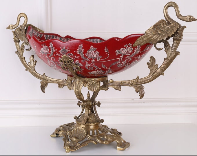 Large Red Plateau Porcelain - 2 Swans Bronze - Art Nouveau Porcelain with Bronze Ornaments  Vintage Gift - Home Decor - Flowers Design