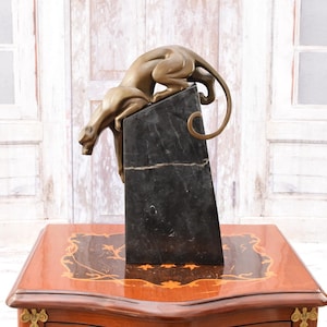 Panther on Rock Bronze Sculpture on Marble Base - Realistic Bronze Statue - Panther Jaguar Statue - Luxury Gift -