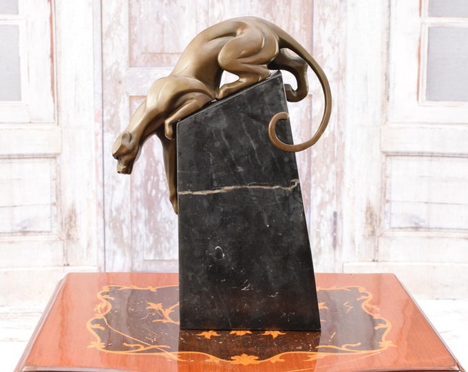 Panther on Rock Bronze Sculpture on Marble Base - Realistic Bronze Statue - Panther Jaguar Statue - Luxury Gift -