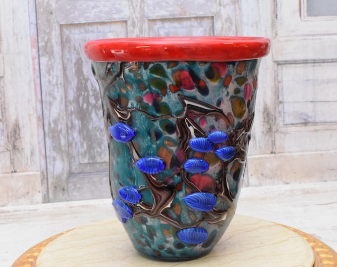 Unique Blue Vase Murano Style Glass - Handcrafted Flower Pot - Vase with Seashells Design - Gift Idea for Her - Italian Glass - Home Decor