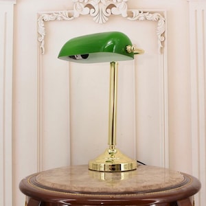 Banker Desk Lamp: Polished Brass & Green Glass - Vintage Office Lighting