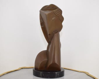 Modernist Woman Face Sculpture - Signed H. Laurens – Abstract Bronze Female Head – Collectible Art Statue – Elegant Decor on Marble Base