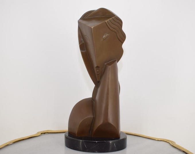 Modernist Woman Face Sculpture - Signed H. Laurens – Abstract Bronze Female Head – Collectible Art Statue – Elegant Decor on Marble Base