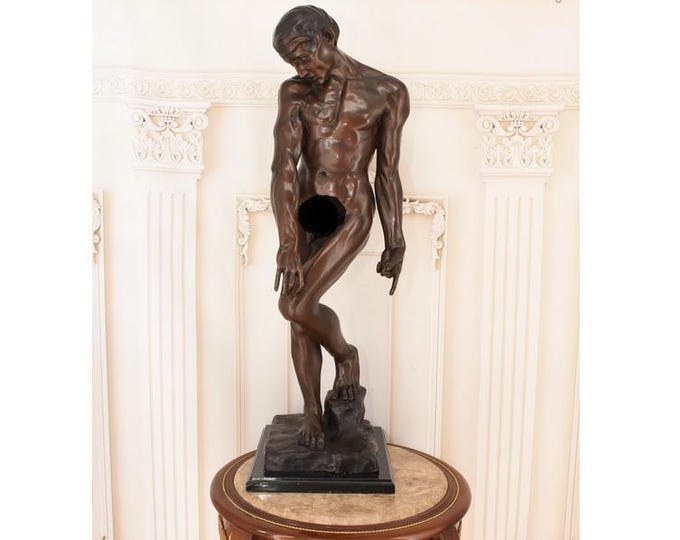 Vintage Bronze Adam Statue – Rodin Style Marble Base Sculpture