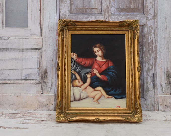 Mother and Son Painting in Golden Frame Oil on Canvas 54x44 - French Art - Mom with Child - Wall Decor - Luxury Gift - Wall Art - Home Decor