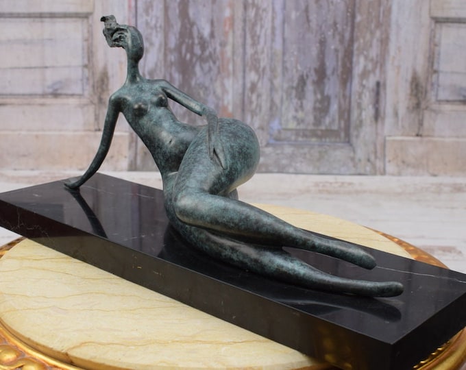 Very Rare! Large Modernist Lying Woman - Solid Bronze Sculpture on Marble Base - Gift Idea - Home Decor - Vintage Statue