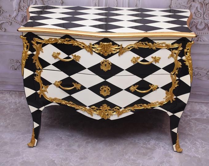 French Commode – Black and White Diamond, Vintage Baroque Chest