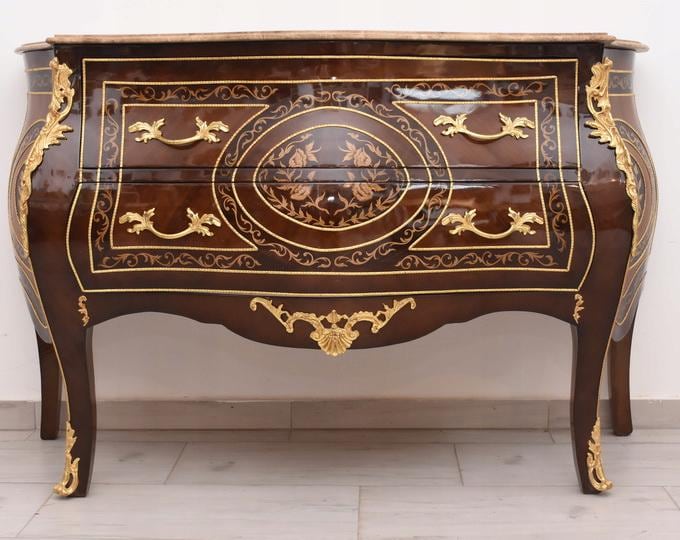 French Baroque-Style Commode — Beech Wood with Bronze Ornaments and Marble Top — Antique Chest of Drawers, France circa 1920