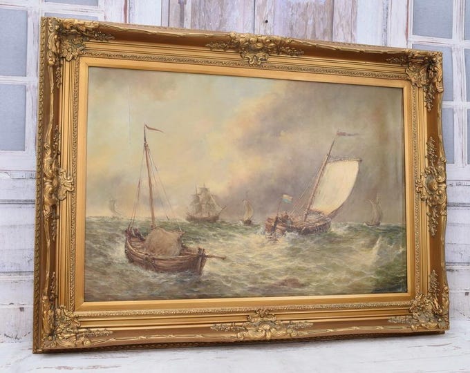 Large Vintage Maritime Oil Painting - Sailing Ships on Stormy Sea - Gold Wooden Frame