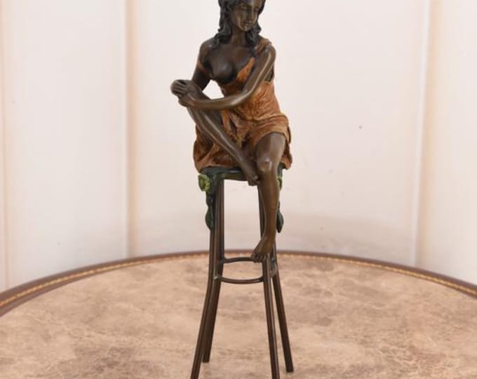 Art Deco Bronze Woman Statue on Chair: Realistic Figurine (30cm)