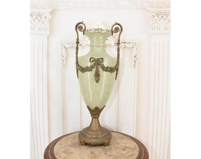 Antique Art Nouveau Green Porcelain Vase With Bronze Mounts – Secession 1915 French Vintage Decor