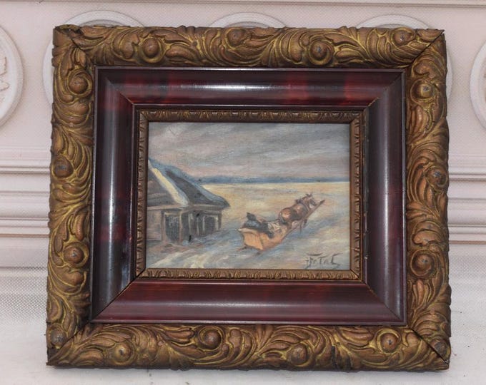 Antique Painting Hunting Trip - Hunter Painting - Winter Landscape - Wall Home Decor - Old Frame - Antique Gift - Wall Decor - Gift Idea