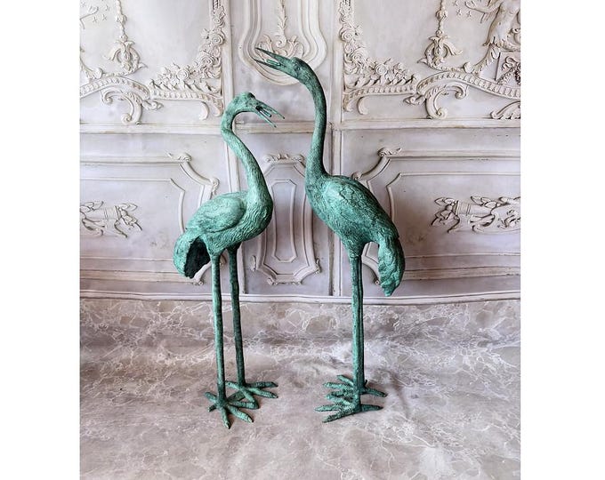 Vintage Bronze Heron Fountains Set – Two Patinated Crane Bird Garden Sculptures – Working Water Features