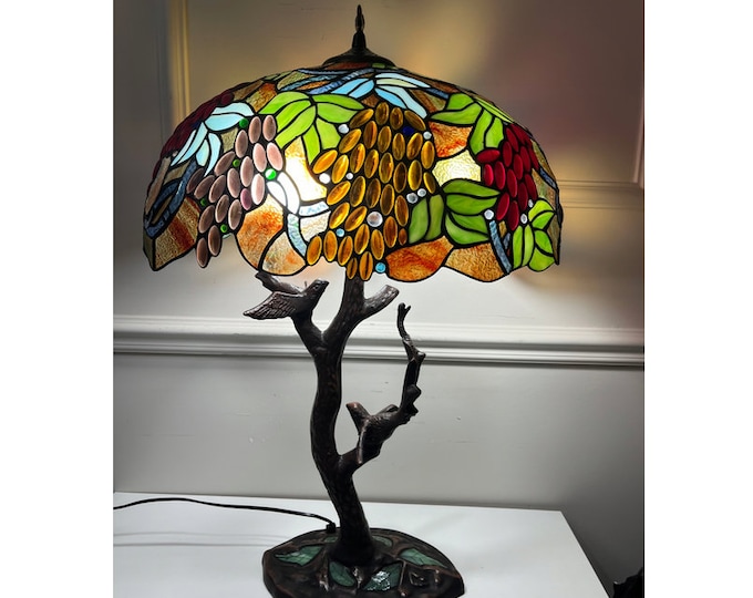 Colorful Tiffany Style Lamp, Birds on Branch Stand Lamp, Flower Stained Glass, Bedside Lamp, Atmospheric Lamp Office Gift, Amazing Desk Lamp
