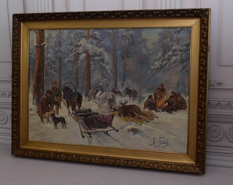 Antique Hunting Trip Painting: Falat Winter Landscape with Gold Frame