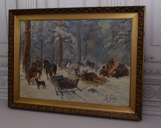 Large Antique Painting Hunting Trip - Falat Hunter Painting - Winter Landscape - Wall Home Decor - Nice Goldene Frame - Gift for Hunter
