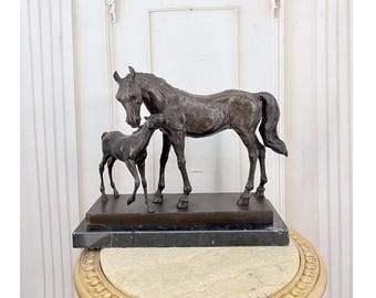 Bronze Horse and Foal Statue - Beautiful Equestrian Art on Marble Base