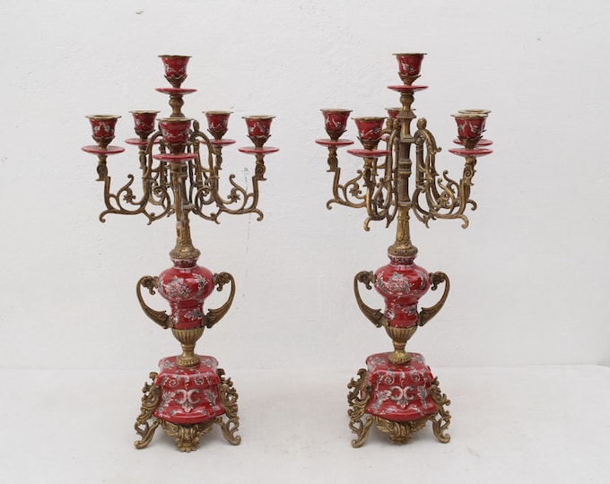 XXL Porcelain candelabrum with bronze ornaments - porcelain mounted candleholder for 6 candles - luxury gift - red design