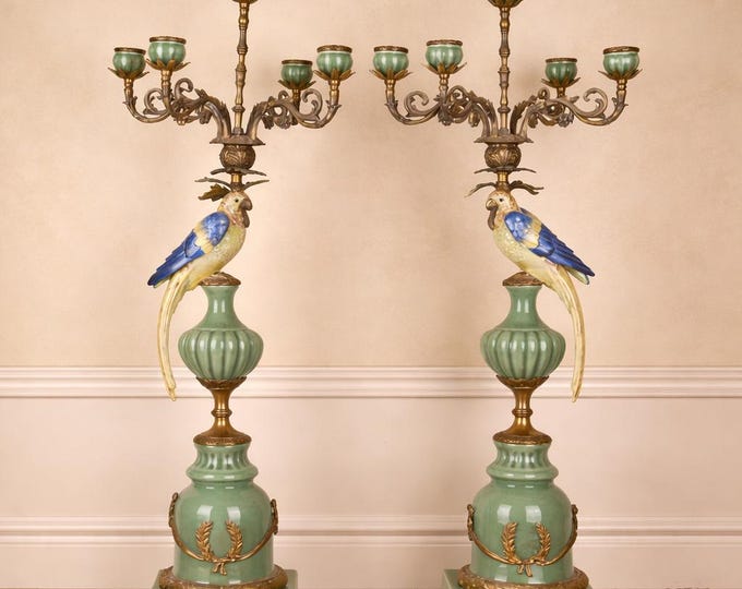 Large Porcelain Candlesticks Pair: Bronze Parrots, Antique Candleholder