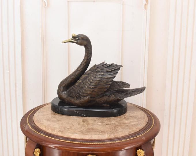 Bronze Swan Sculpture – Marble Base – Signed M. Lopez – Elegant Figurine