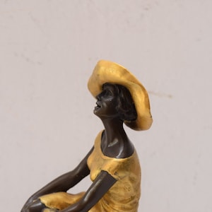 Woman in hat on bar chair - gilded bronze figurine woman in dress - act bronze statue - luxury gift Idea -
