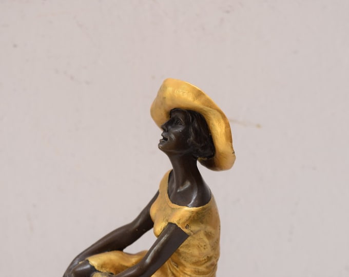 Woman in hat on bar chair - gilded bronze figurine woman in dress - act bronze statue - luxury gift Idea -