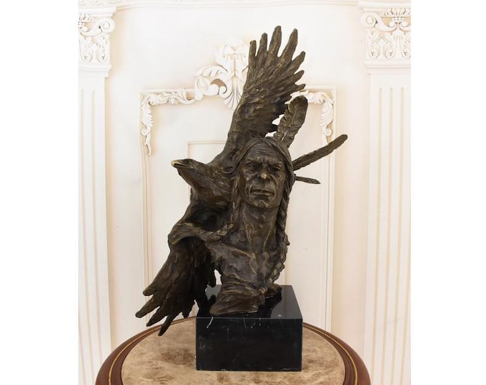 Large Bronze Apache Warrior Bust with Eagle - Native American Bronze Sculpture - Heavy Vintage Statue