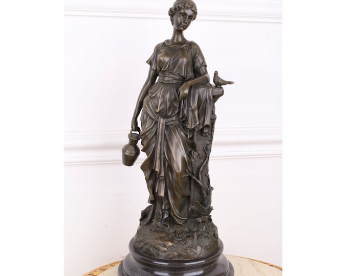 Very Rare Woman Stay at the Pedestal - Mythological Bronze Statue on Marble Base - Figure Woman with Bird - Foundry Mark - Home Decor